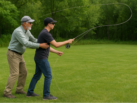 Man taking a fly casting lesson